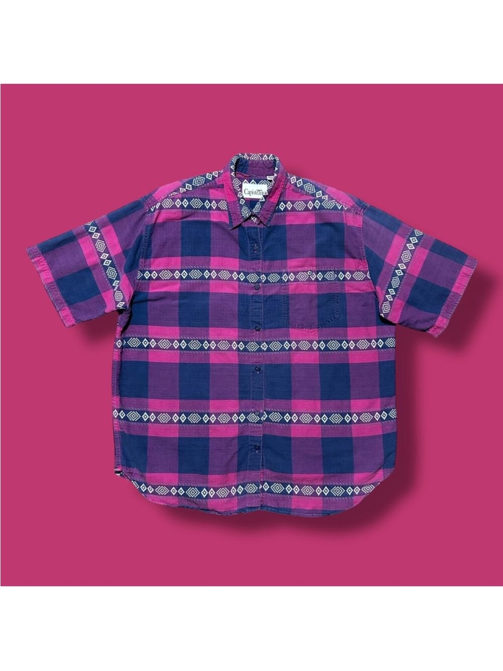 Vintage 80s Button Up Shirt Plaid Check Geometric Striped Cotton Womens 20W